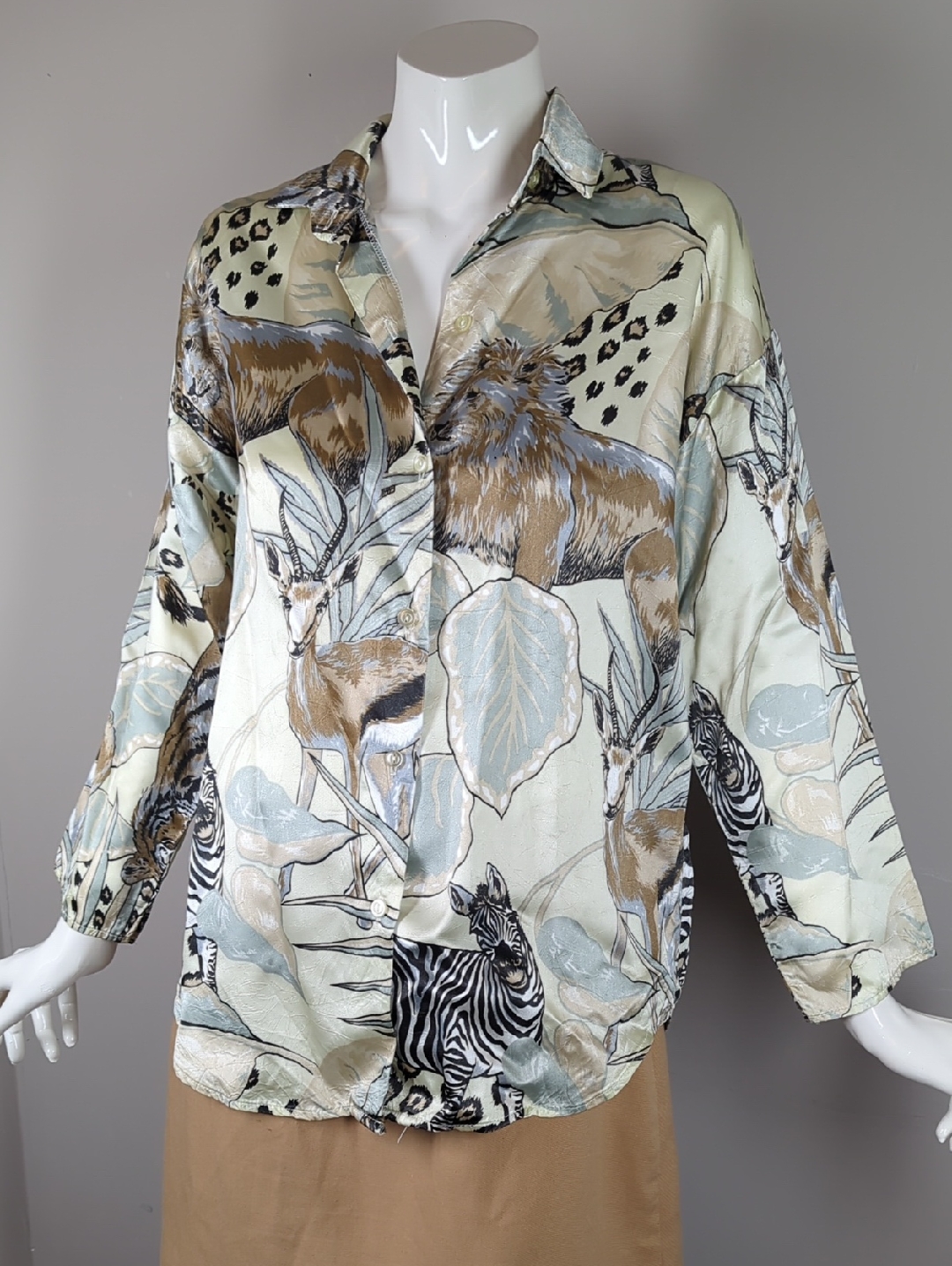 Vintage Safari Animal Print Button-Up Jacket In Beige